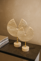 Switch Travertine Disc Sculpture Pair on Brass Stems – handcrafted natural beige travertine, view 2 2 image