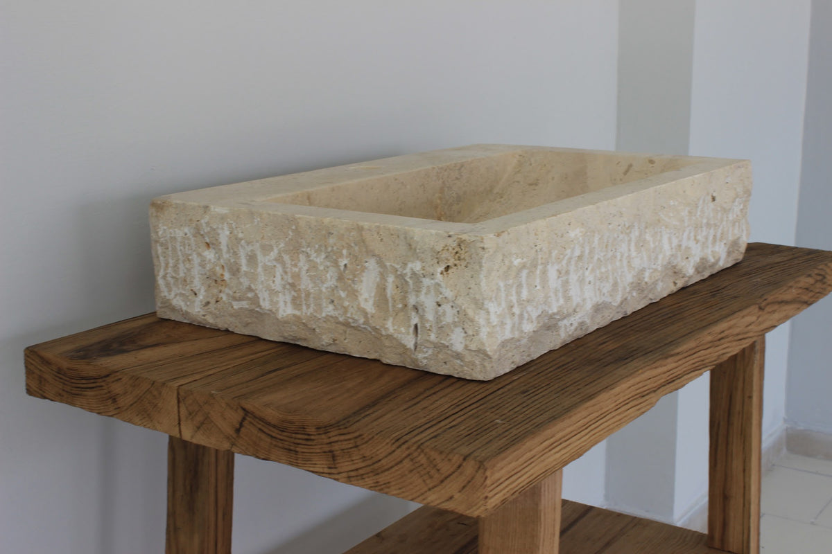 Hand-Carved Rustic Chiseled Travertine Vessel Sink – Rectangular Rock-Face Natural Stone Basin