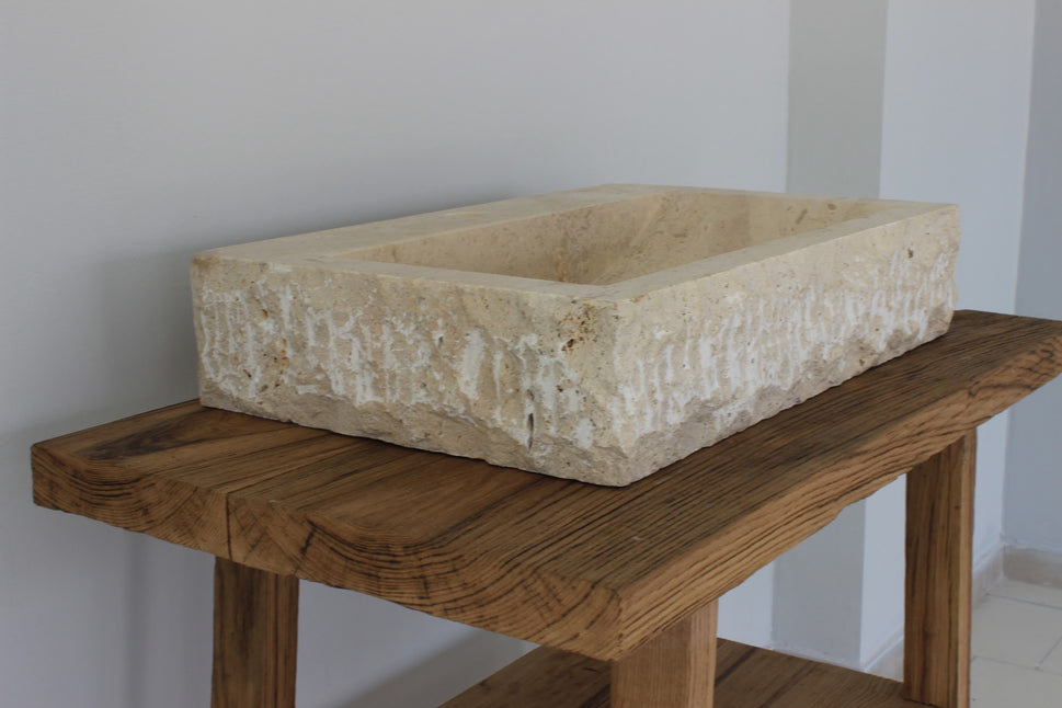 Hand-Carved Rustic Chiseled Travertine Vessel Sink – Rectangular Rock-Face Natural Stone Basin