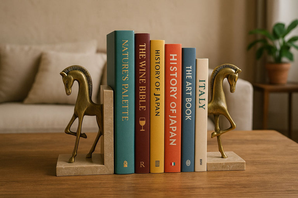 Brass Horse Bookends on Travertine