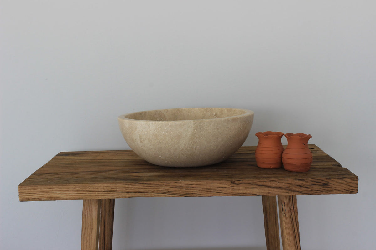 Hand-Carved Classic Round Travertine Vessel Sink – Polished Beige Natural Stone Basin