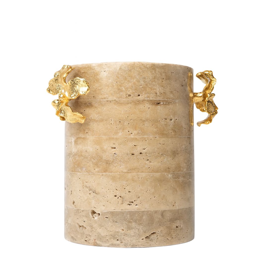 Travertine Urn Vase with Brass Horse Handles