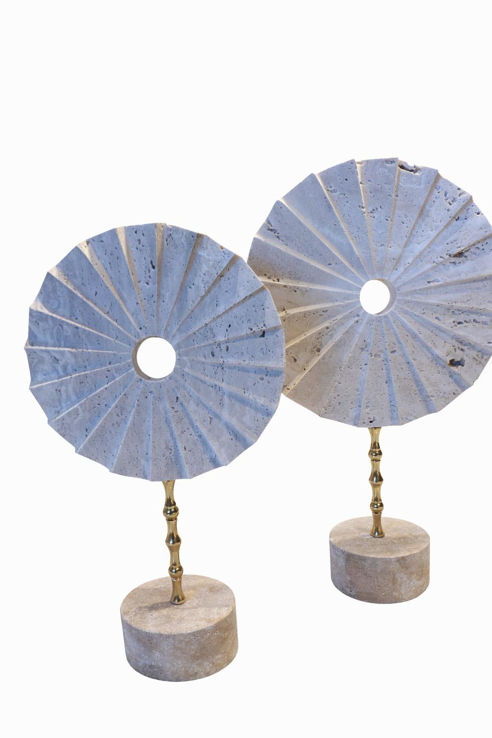 Blue Stone Disc Sculpture Pair on Brass Stems