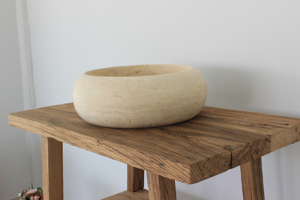 Hand-Carved Zen Pebble Limestone Vessel Sink – Round Matte Cream Natural Stone Basin