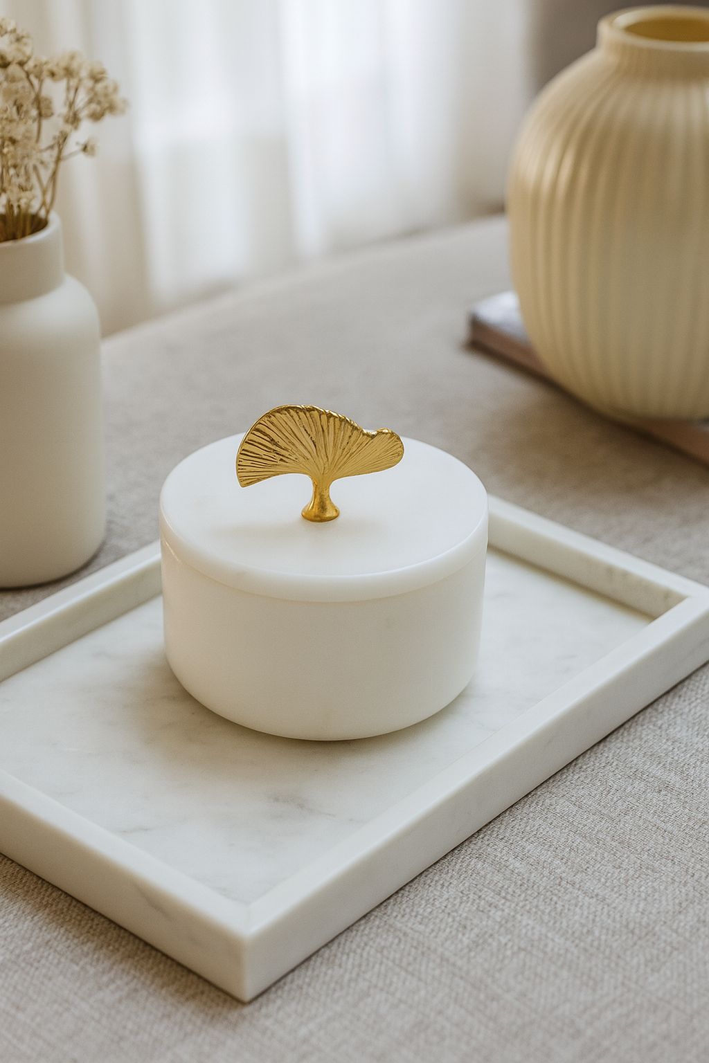 White Marble Jar with Gold Ginkgo Lid – handcrafted natural white marble, view 3