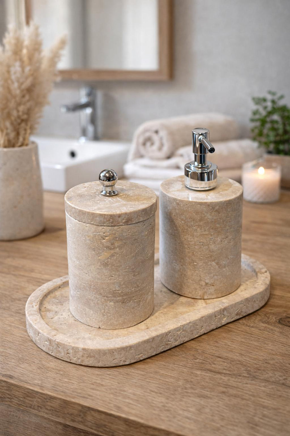 Travertine 3-Piece Bath Set with Oval Tray