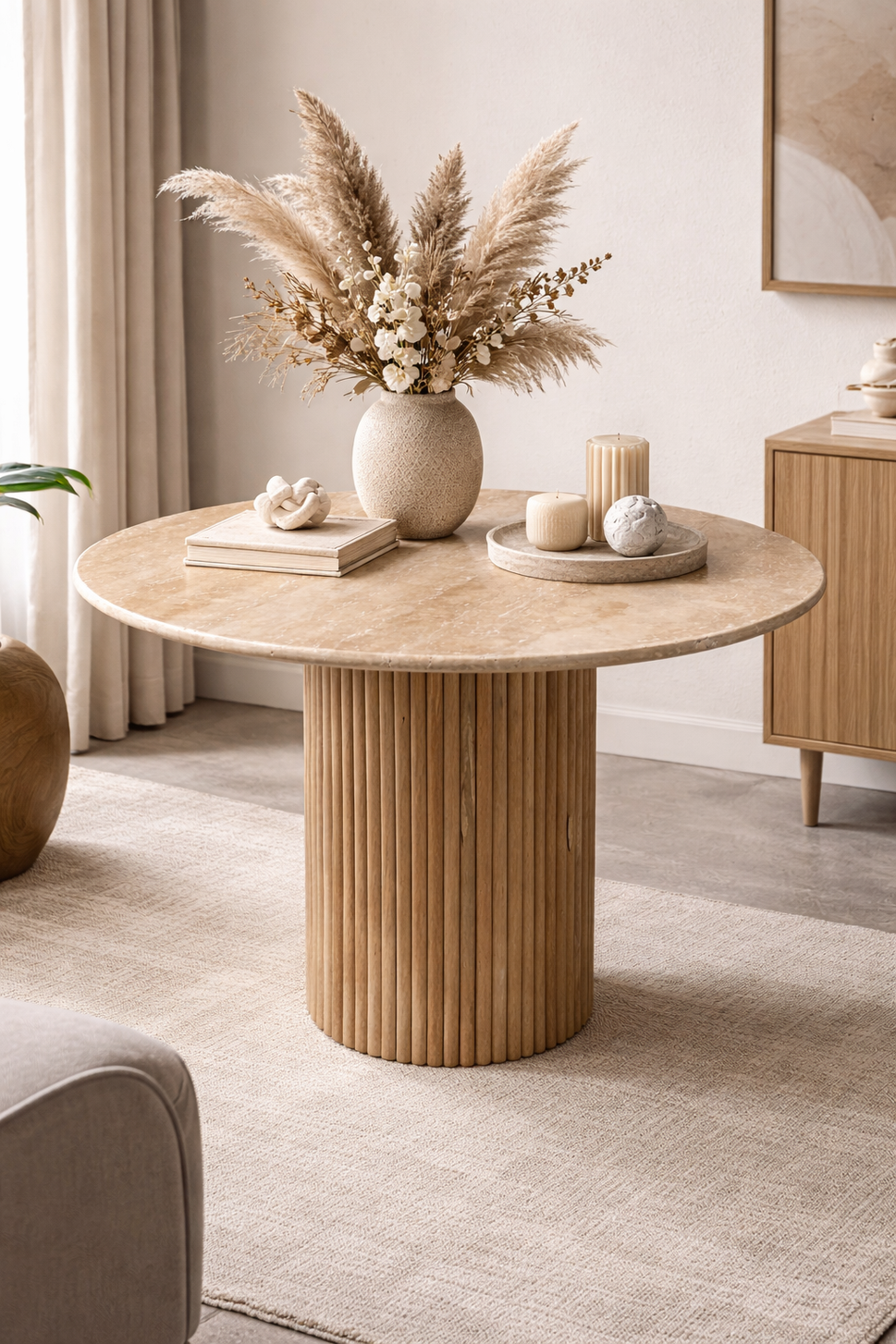 Round Travertine Table with Fluted Pedestal