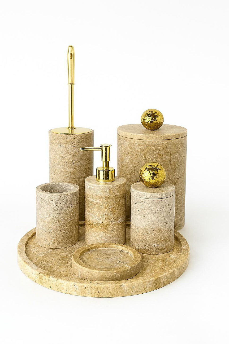 Beige Travertine 6-Piece Bathroom Set with Toilet Brush