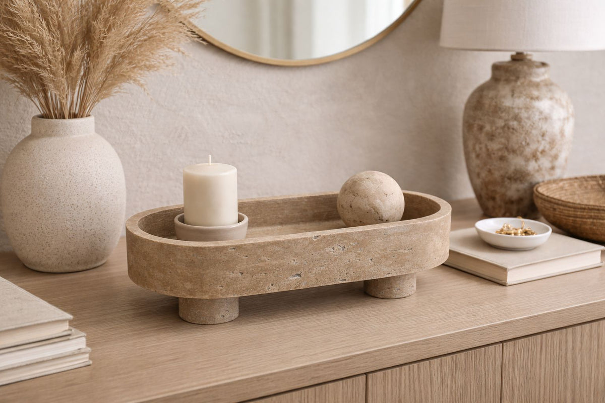 Oval Footed Travertine Tray Bowl
