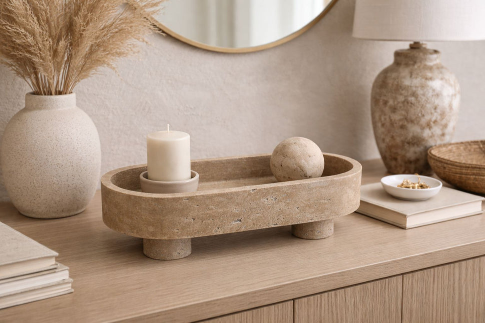 Oval Footed Travertine Tray Bowl