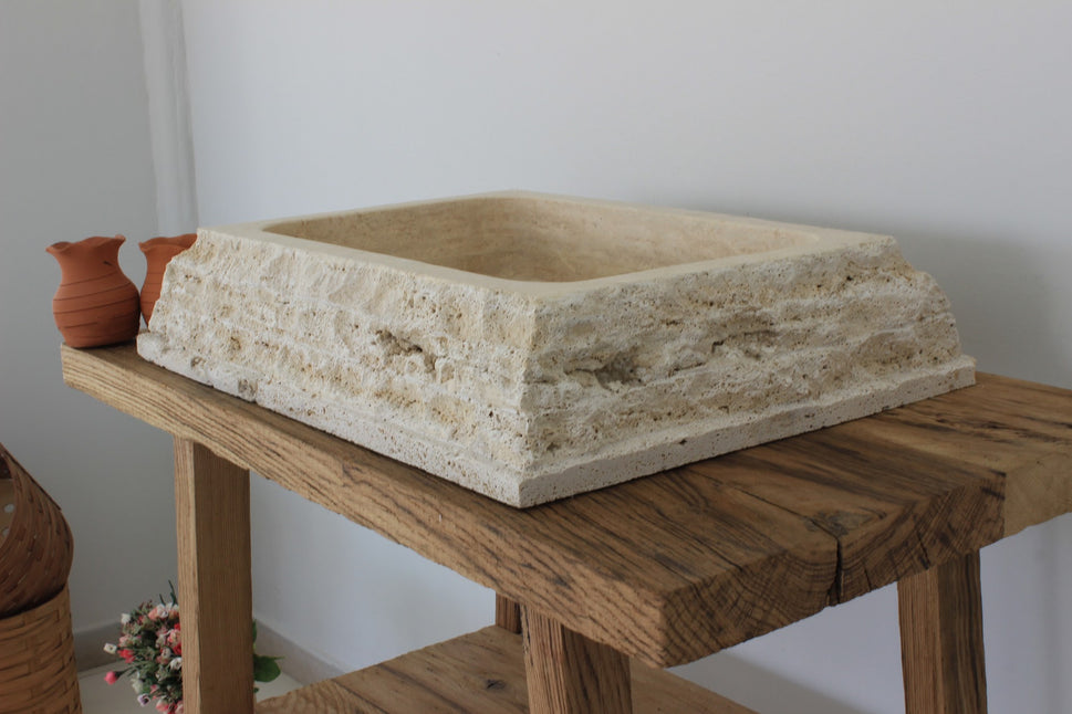 Hand-Carved Chiseled Travertine Vessel Sink – Rectangular Rock-Face Natural Stone Basin