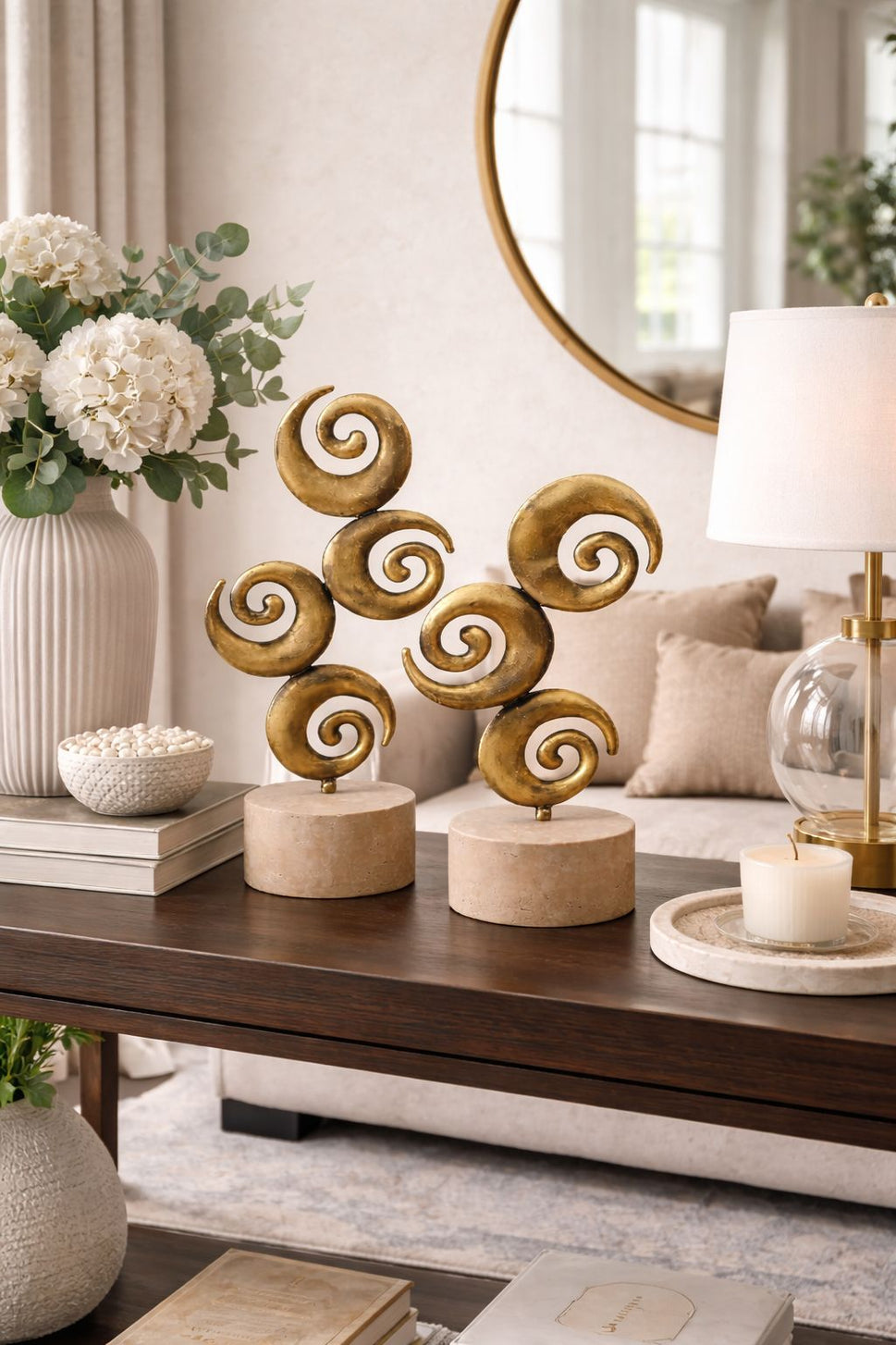 Brass Spiral Sculpture Pair on Travertine