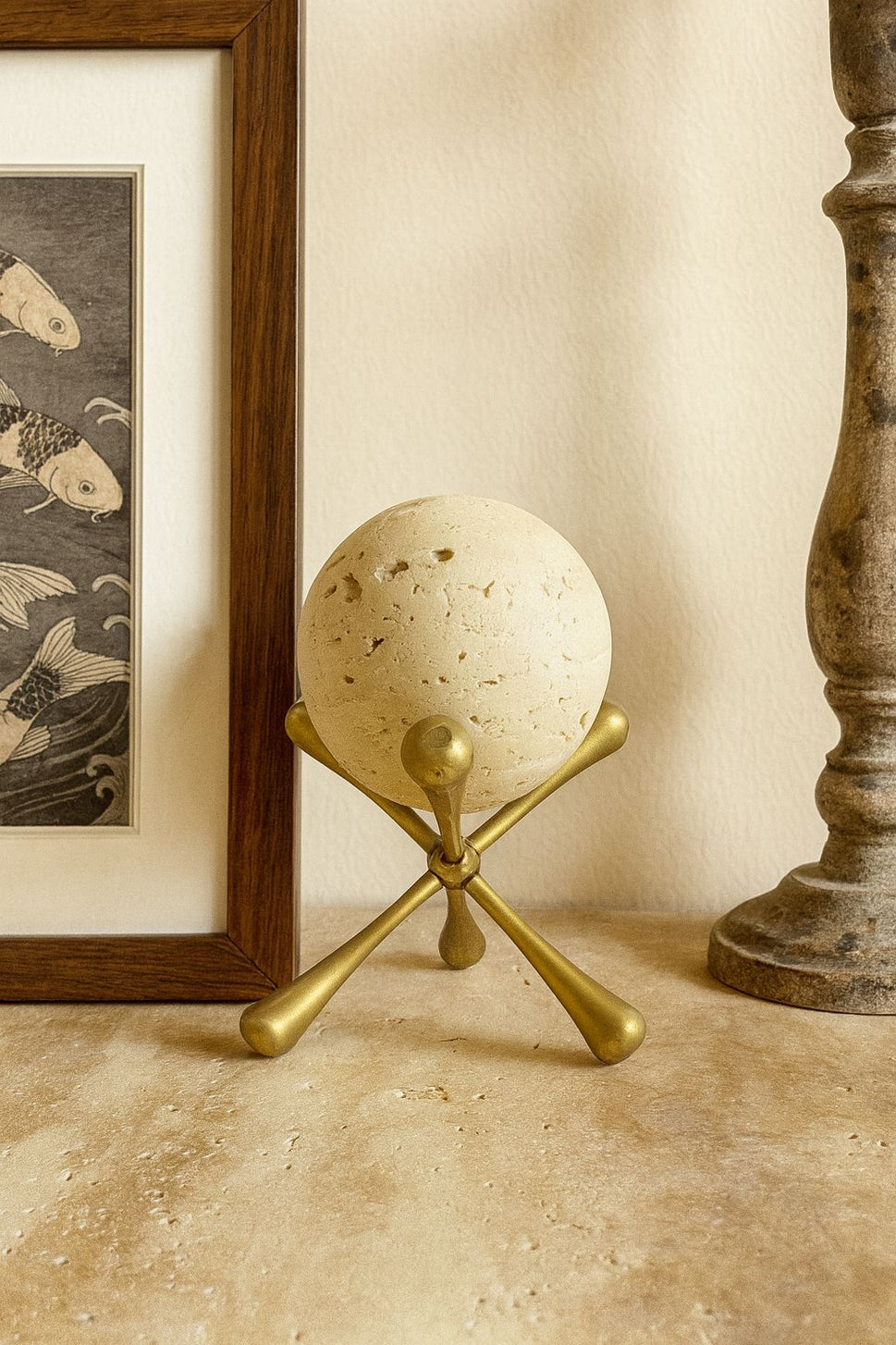 Travertine Sphere on Brass Stand