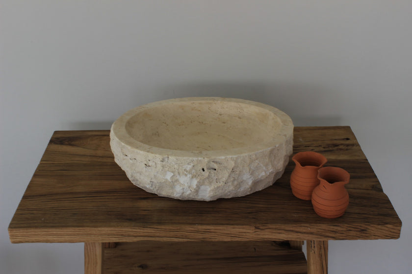 Hand-Carved Chiseled Travertine Vessel Sink – handcrafted natural stone