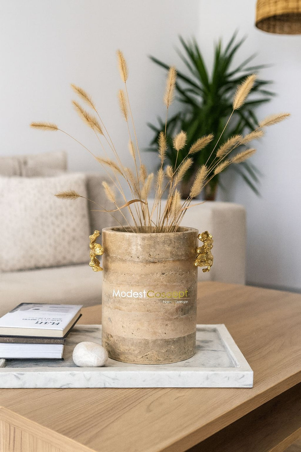 Travertine Urn Vase with Brass Horse Handles