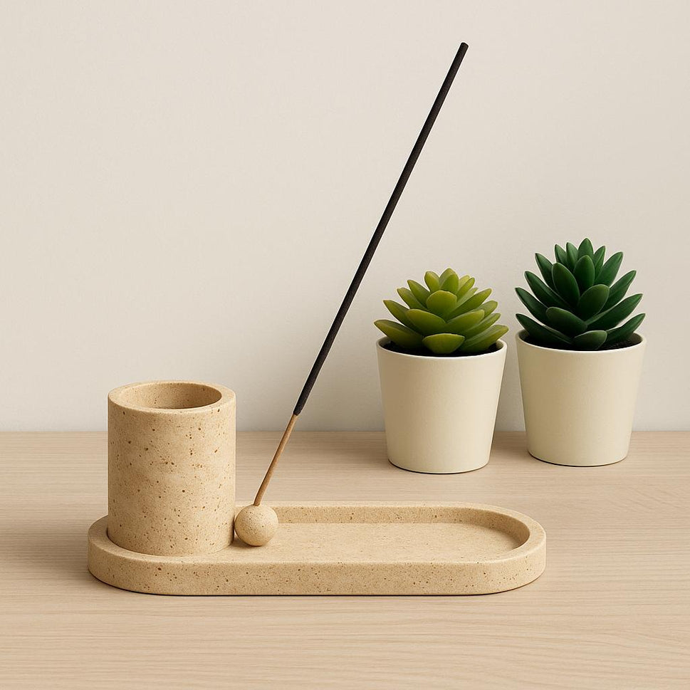 Travertine Incense Holder with Stick Cup