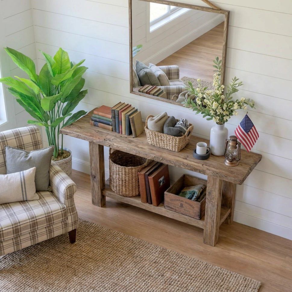 Rustic Entryway Wooden Console Table - Live Edge Wood Bench