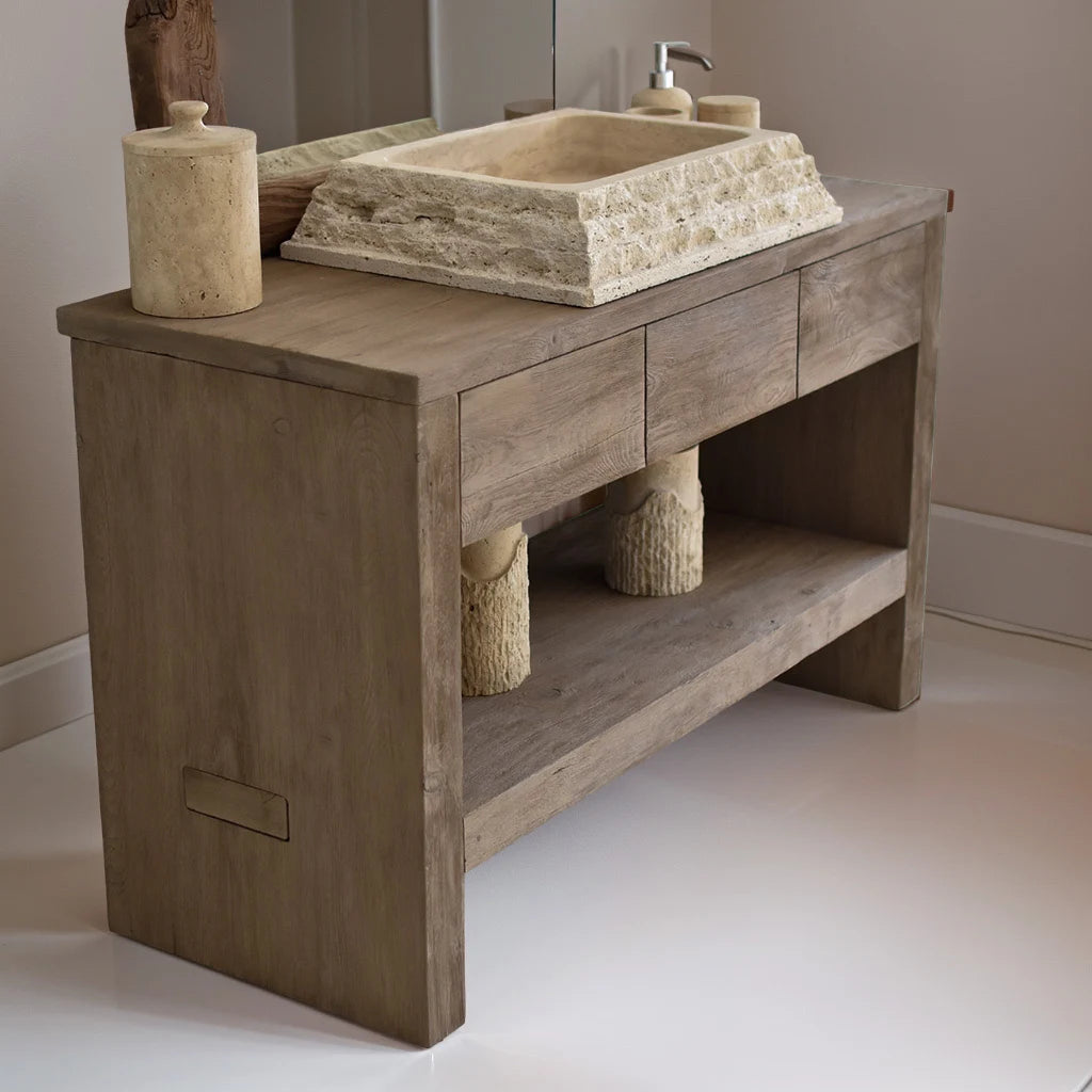 Rustikaler Badezimmer-Waschtisch mit Einzel- oder Doppelwaschbecken – schmales Live Edge-Holz 