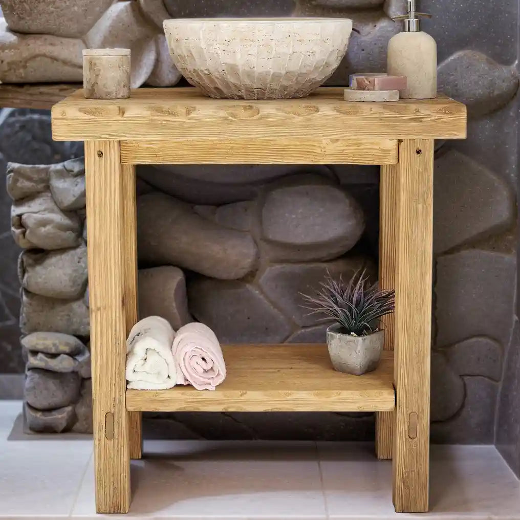 Rustikales Badezimmer-Waschbecken - Maßgefertigtes, schmales Bauernhaus-Waschbecken aus Holz mit natürlicher Kante 