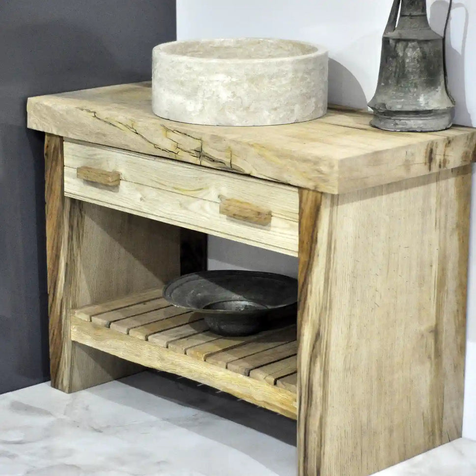 Rustikaler Badezimmer-Waschtisch mit Einzel- oder Doppelwaschbecken – schmales Live Edge-Holz 