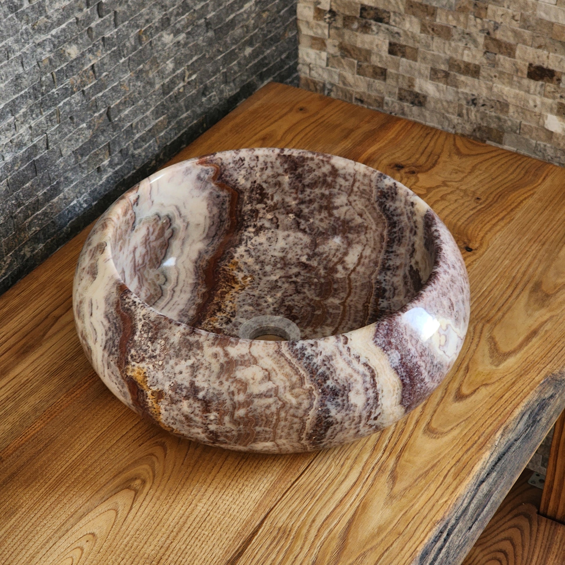 Exotic Striped Onyx Vessel Sink - Hand-Carved Natural Gemstone Basin