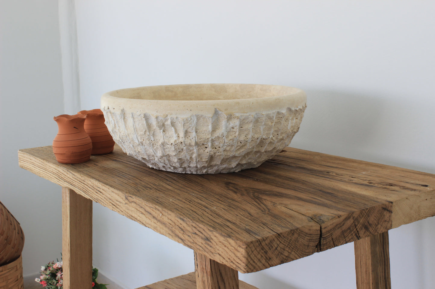 Natural Travertine Round Vessel Sink - Hand-Chiseled Raw Stone Basin