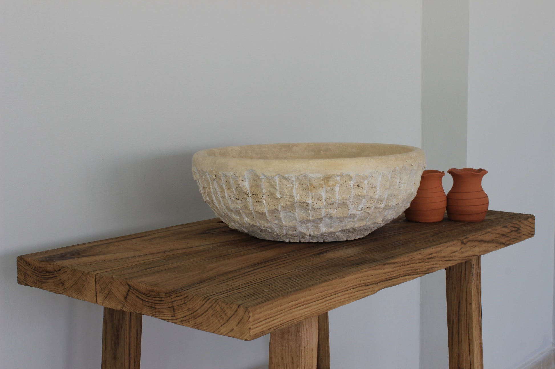 Natural Travertine Round Vessel Sink - Hand-Chiseled Raw Stone Basin