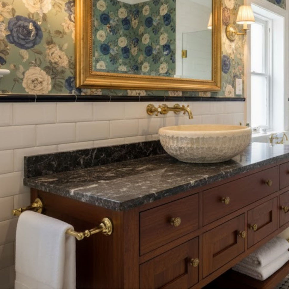 Natural Travertine Round Vessel Sink - Hand-Chiseled Raw Stone Basin