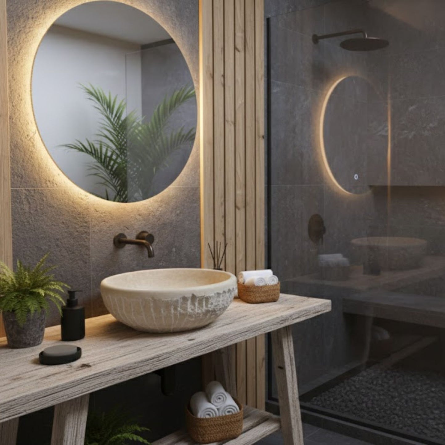 Natural Travertine Round Vessel Sink - Hand-Chiseled Raw Stone Basin