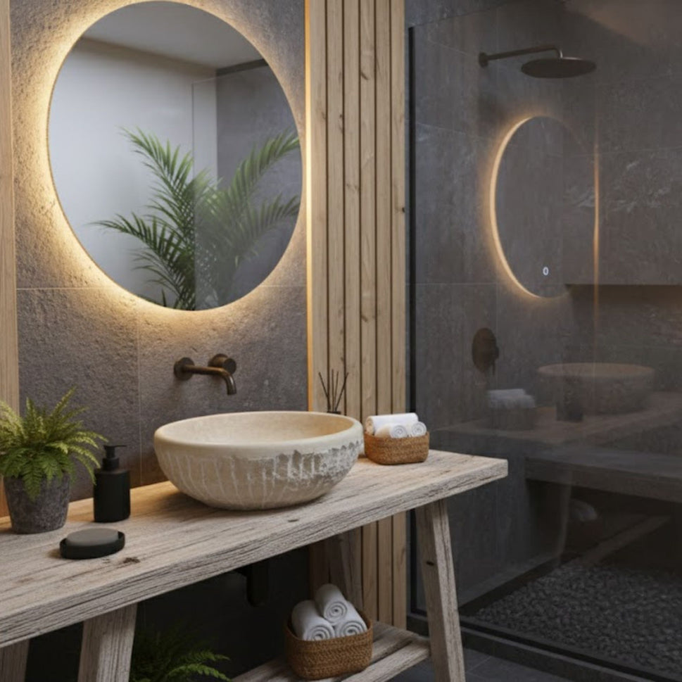 Natural Travertine Round Vessel Sink - Hand-Chiseled Raw Stone Basin