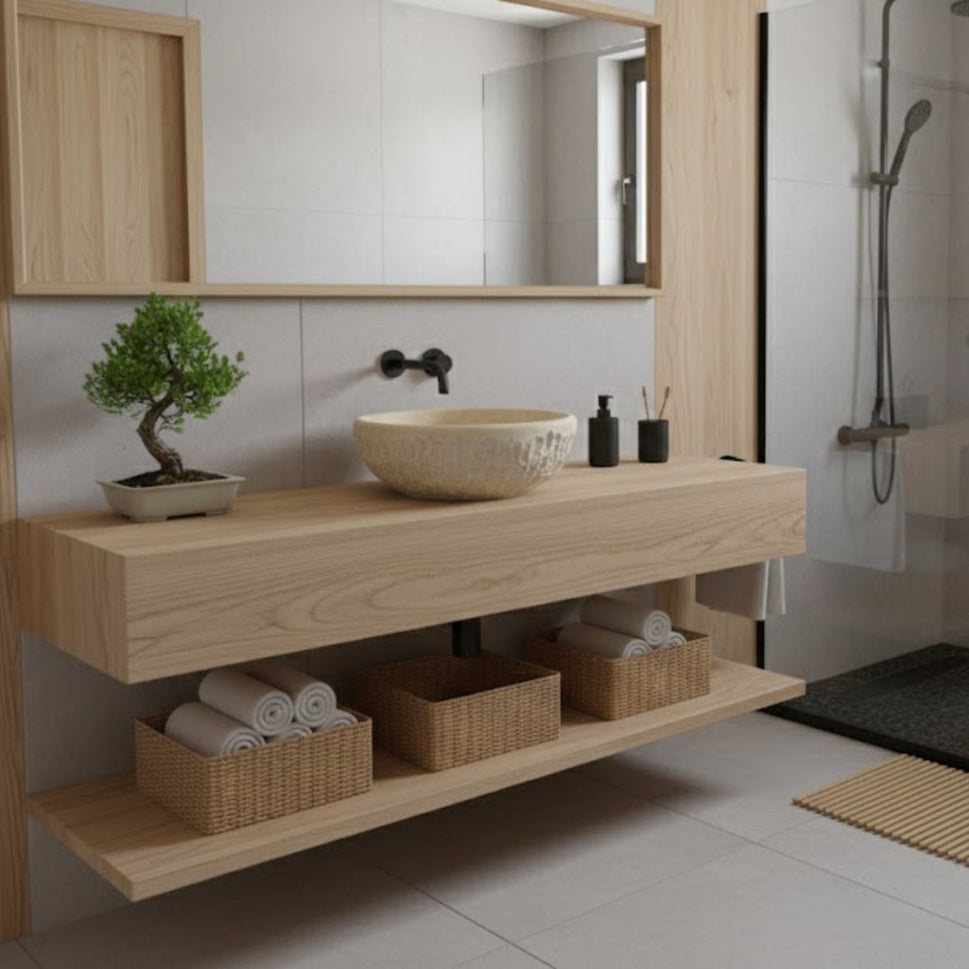 Natural Travertine Round Vessel Sink - Hand-Chiseled Raw Stone Basin