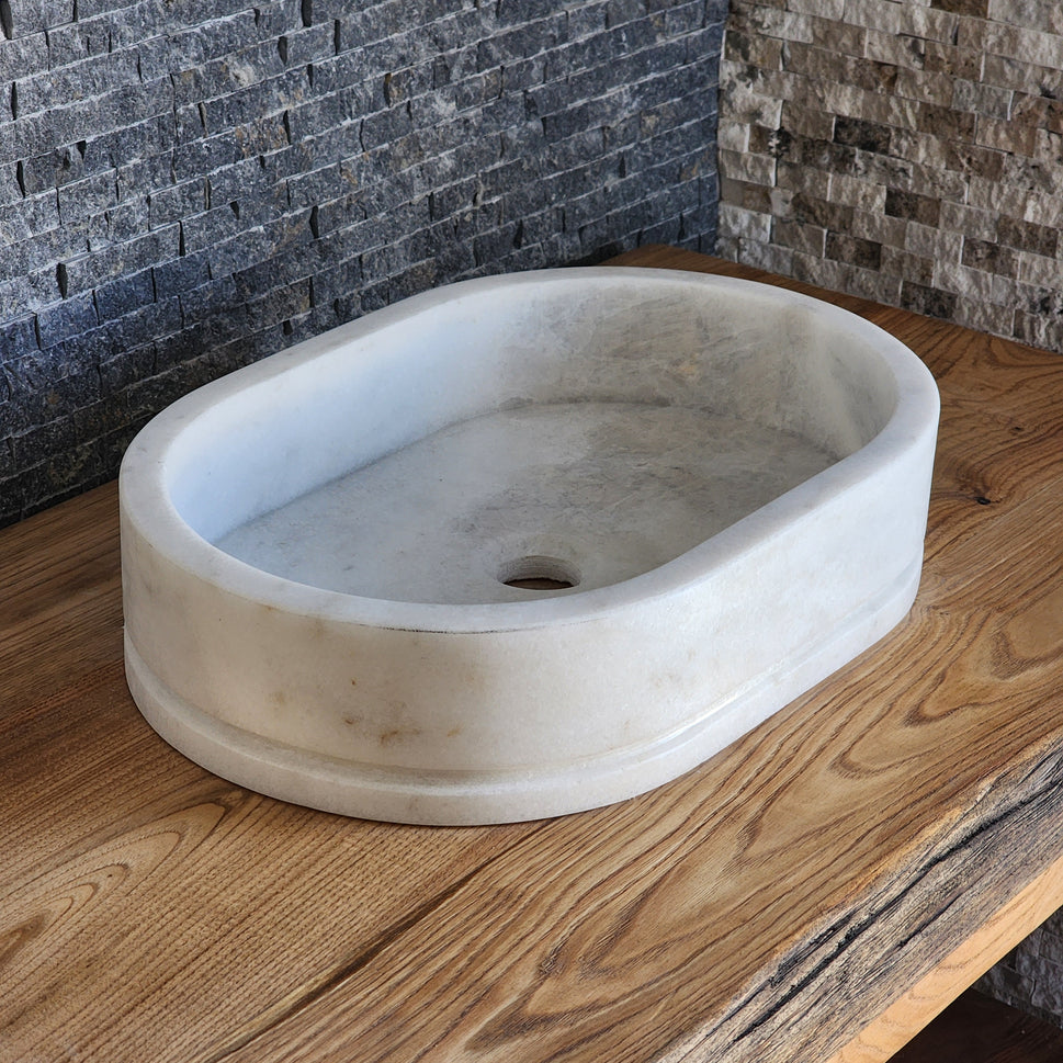 Natural White Marble Vessel Sink - Luxury Oval Stone Basin