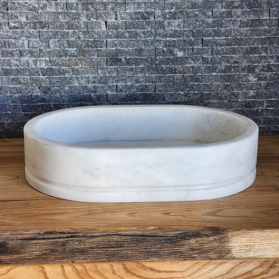 Natural White Marble Vessel Sink - Luxury Oval Stone Basin