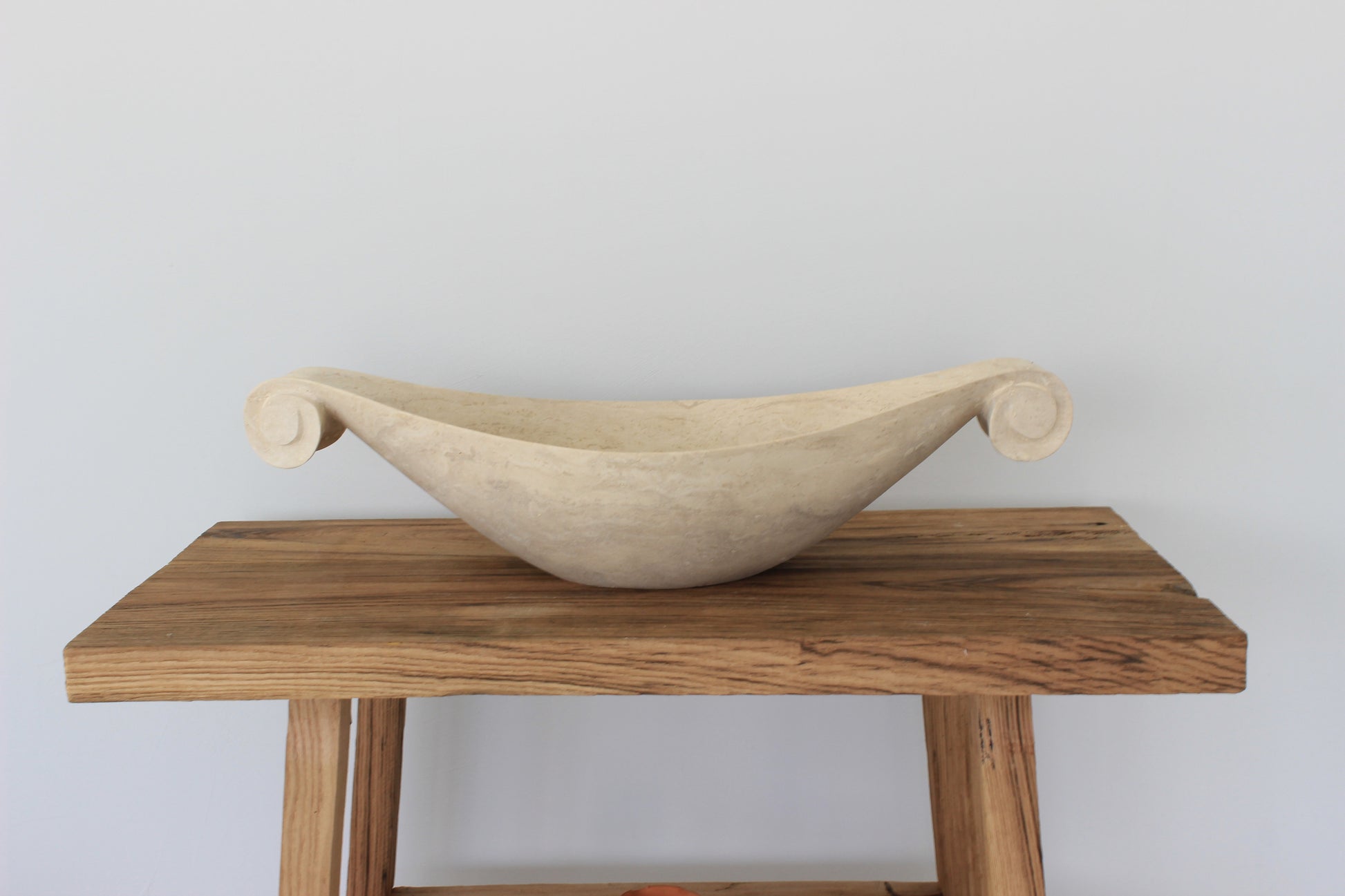 Scroll-Edge Beige Travertine Vessel Sink - Hand-Carved Sculptural Basin
