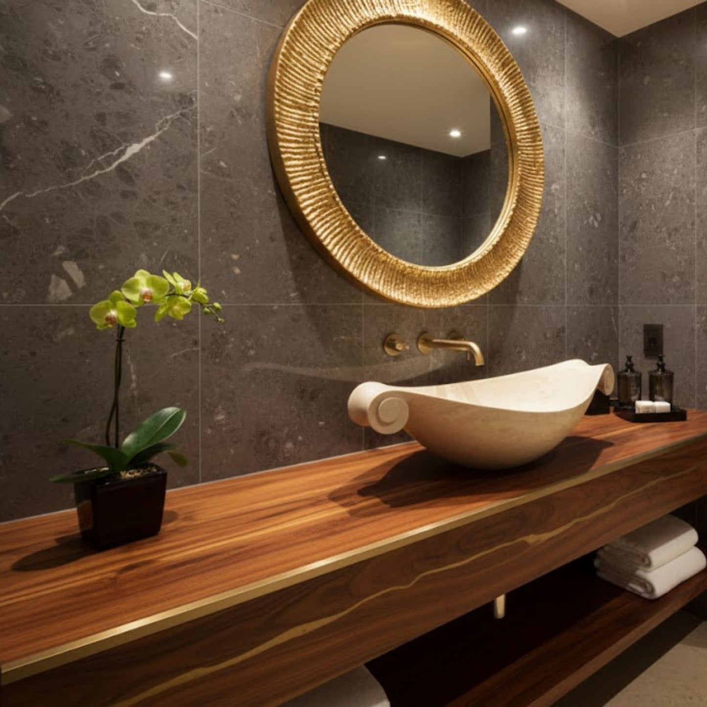 Scroll-Edge Beige Travertine Vessel Sink - Hand-Carved Sculptural Basin