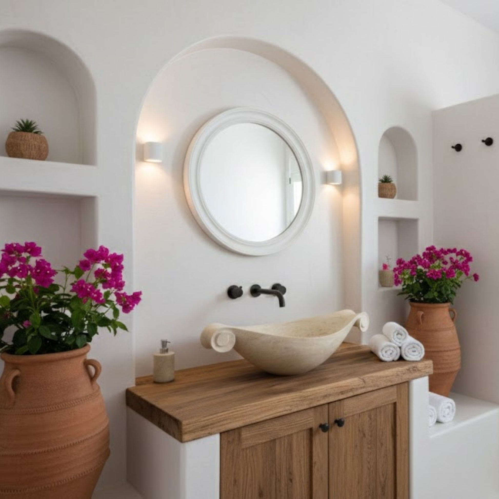 Scroll-Edge Beige Travertine Vessel Sink - Hand-Carved Sculptural Basin