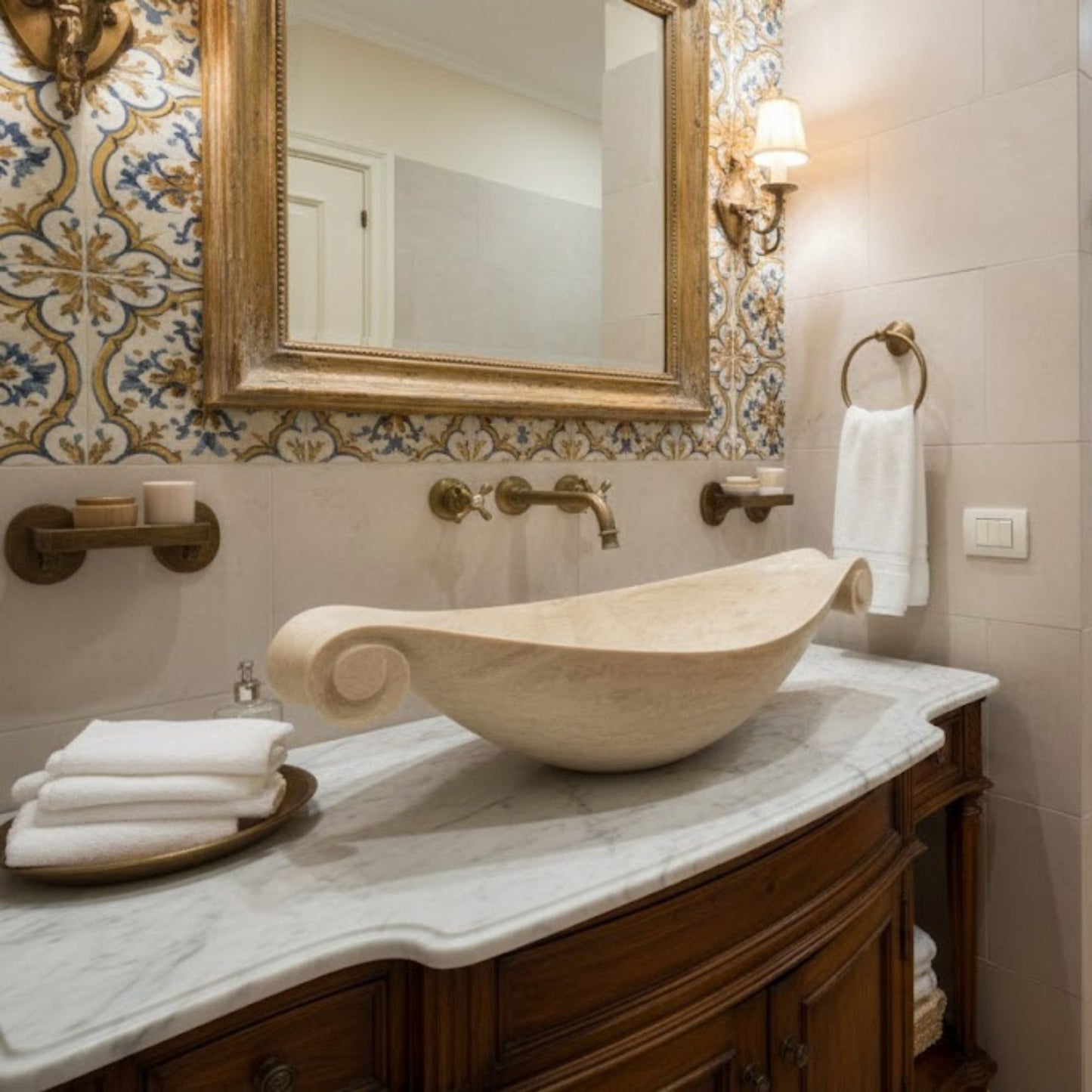 Scroll-Edge Beige Travertine Vessel Sink - Hand-Carved Sculptural Basin