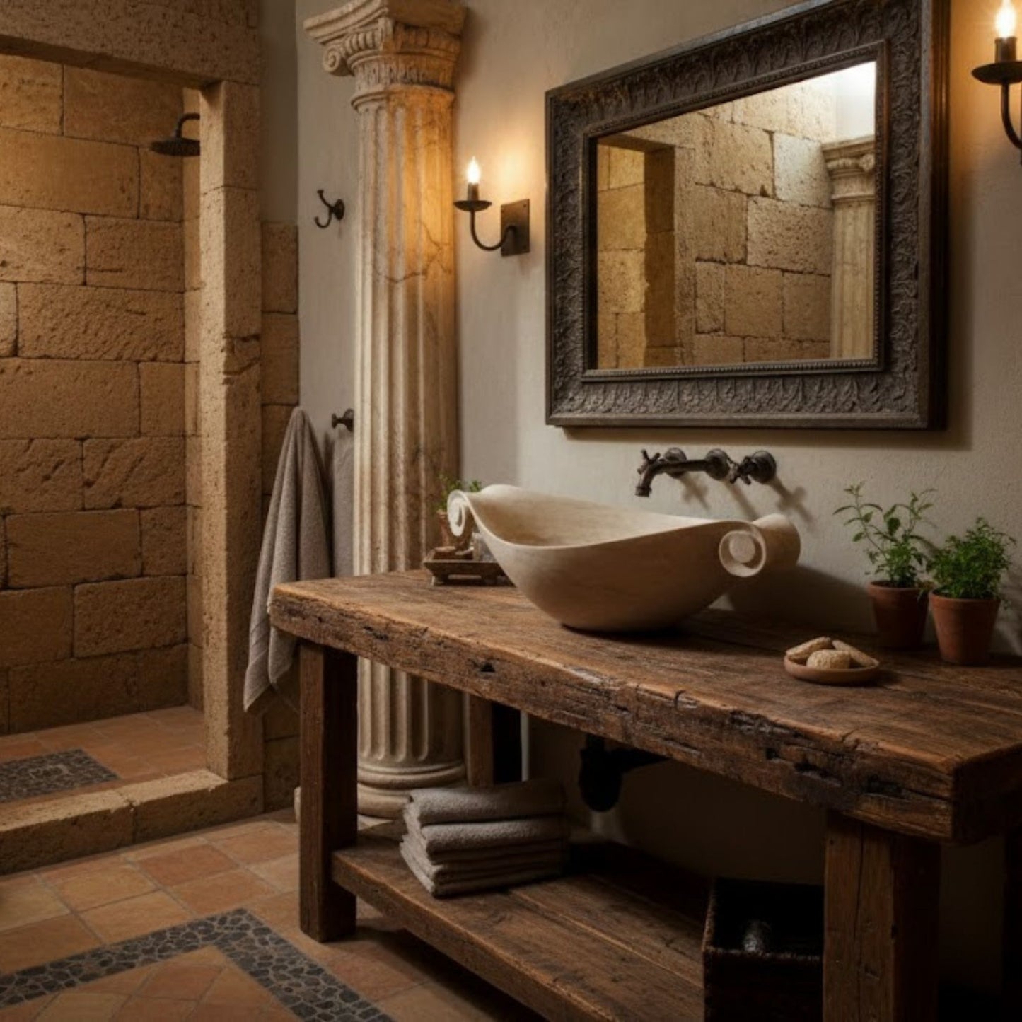 Scroll-Edge Beige Travertine Vessel Sink - Hand-Carved Sculptural Basin