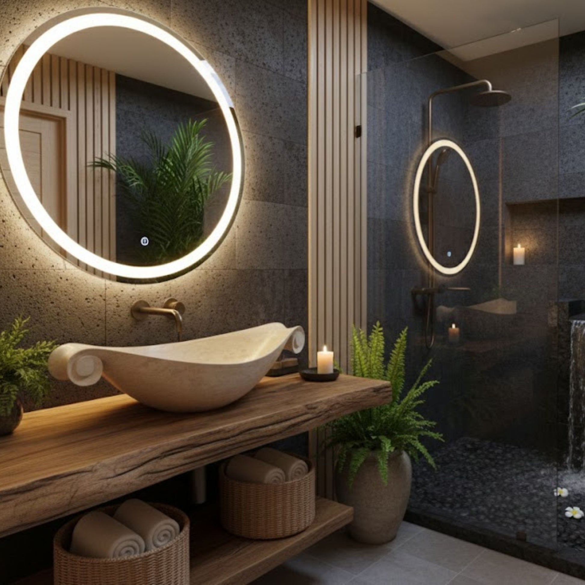 Scroll-Edge Beige Travertine Vessel Sink - Hand-Carved Sculptural Basin