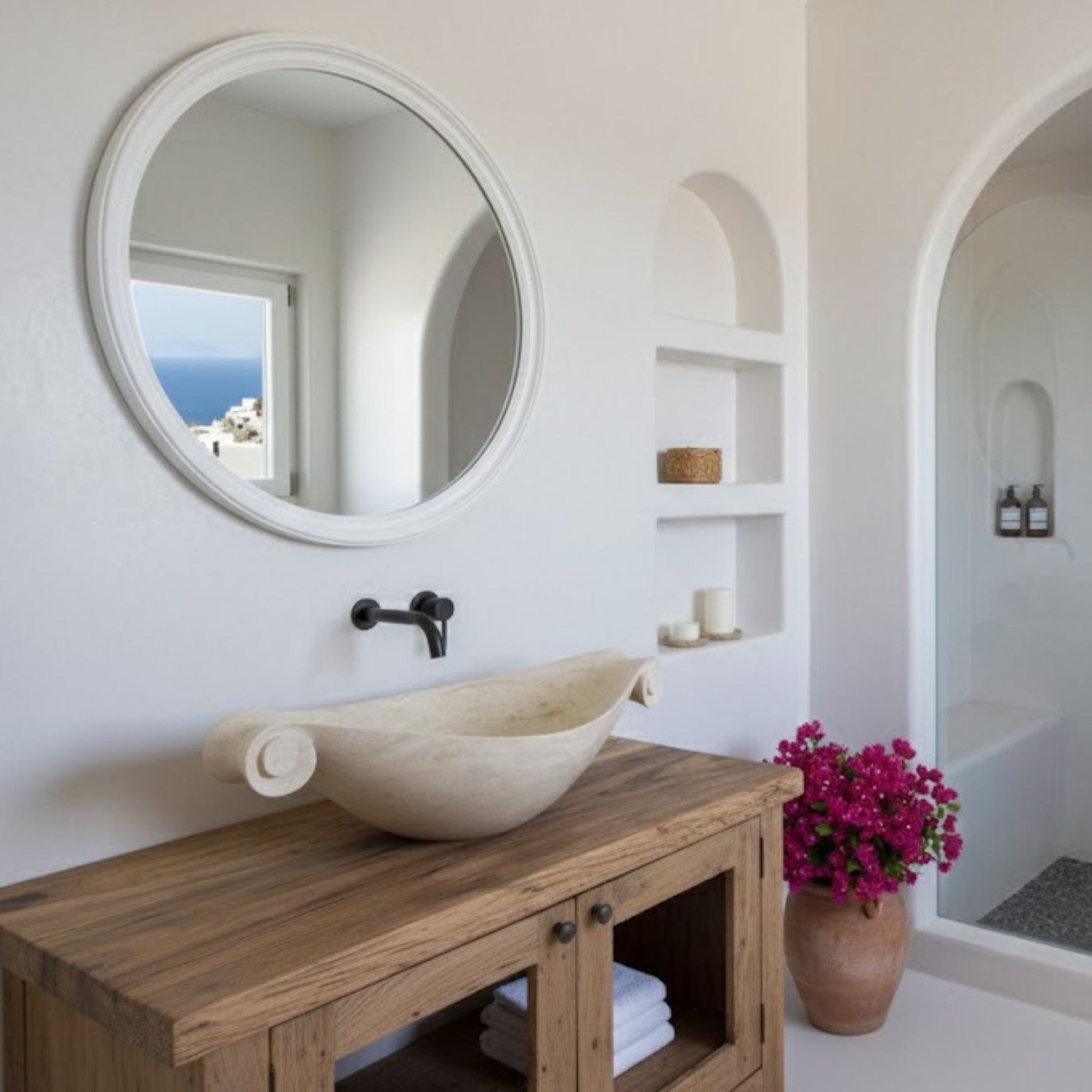 Scroll-Edge Beige Travertine Vessel Sink - Hand-Carved Sculptural Basin