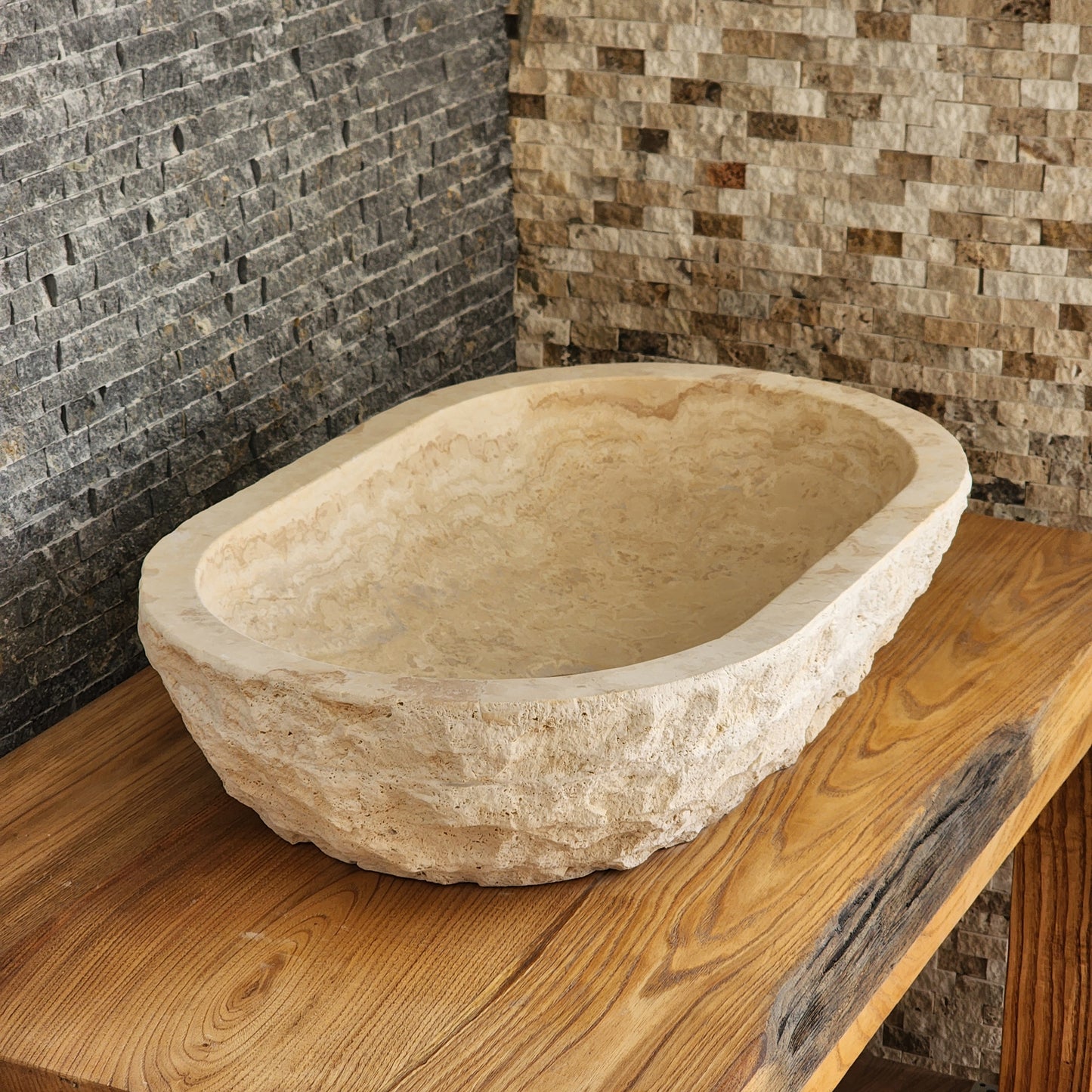 Solid Travertine Oval Vessel Sink - Hand-Chiseled Raw Exterior Basin