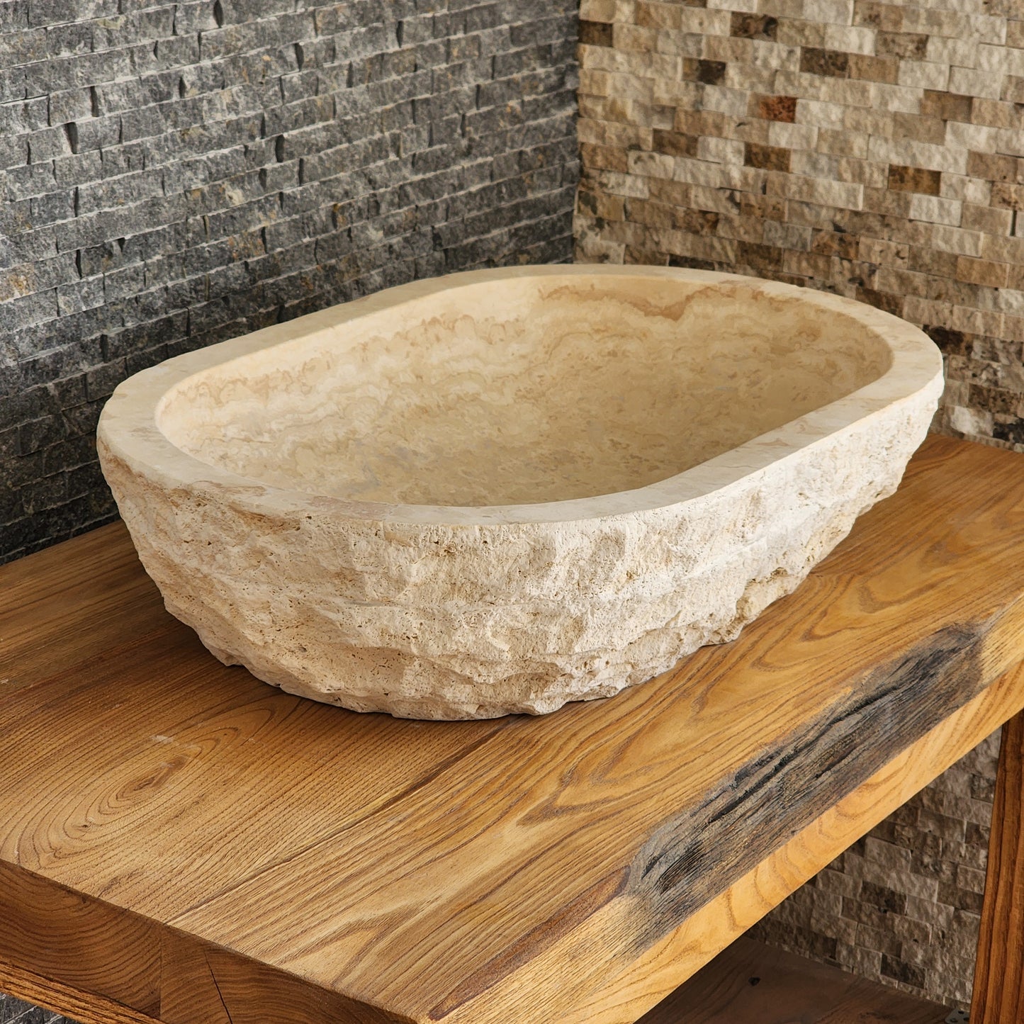 Solid Travertine Oval Vessel Sink - Hand-Chiseled Raw Exterior Basin