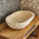 Switch Solid Travertine Oval Vessel Sink - Hand-Chiseled Raw Exterior Basin 2 image