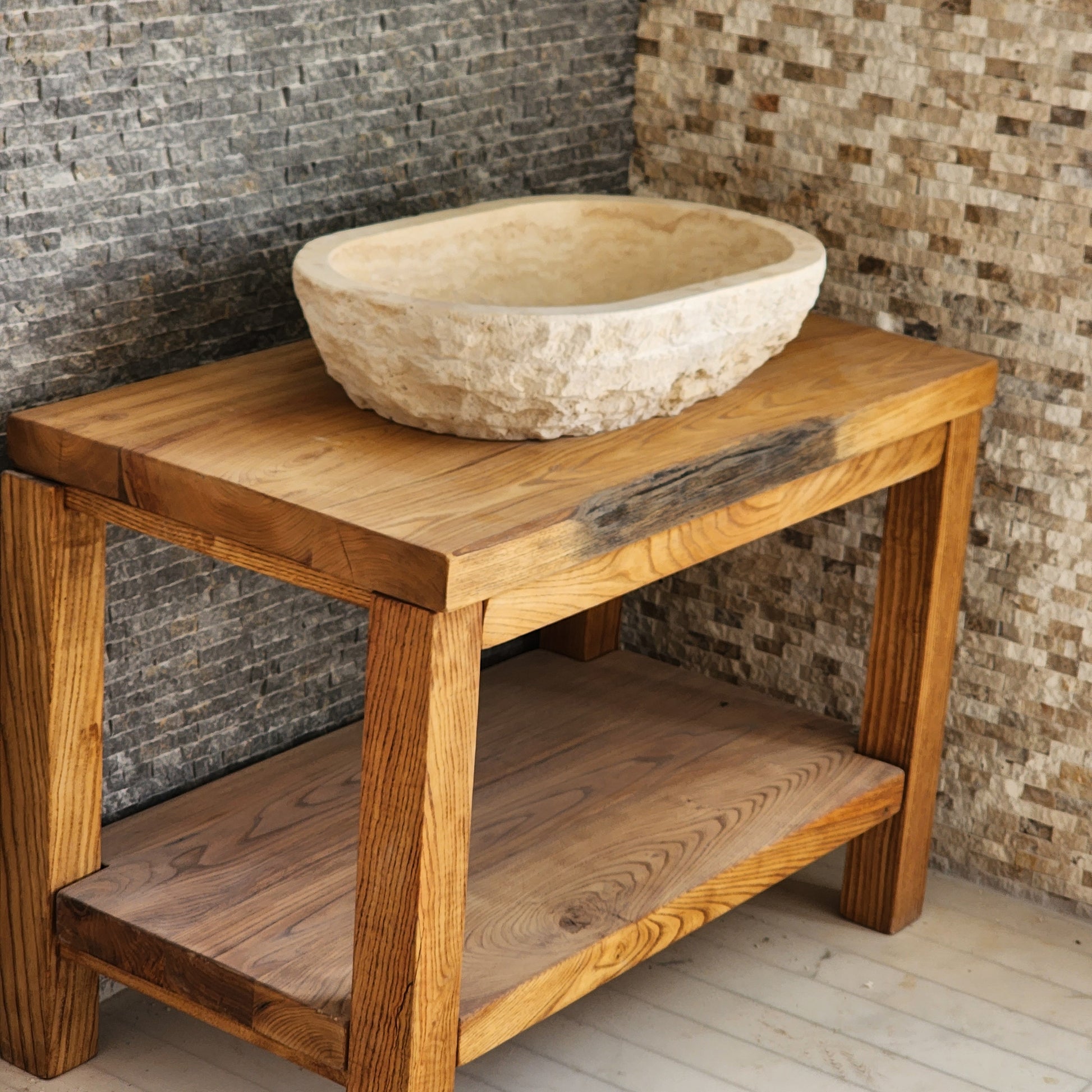 Solid Travertine Oval Vessel Sink - Hand-Chiseled Raw Exterior Basin