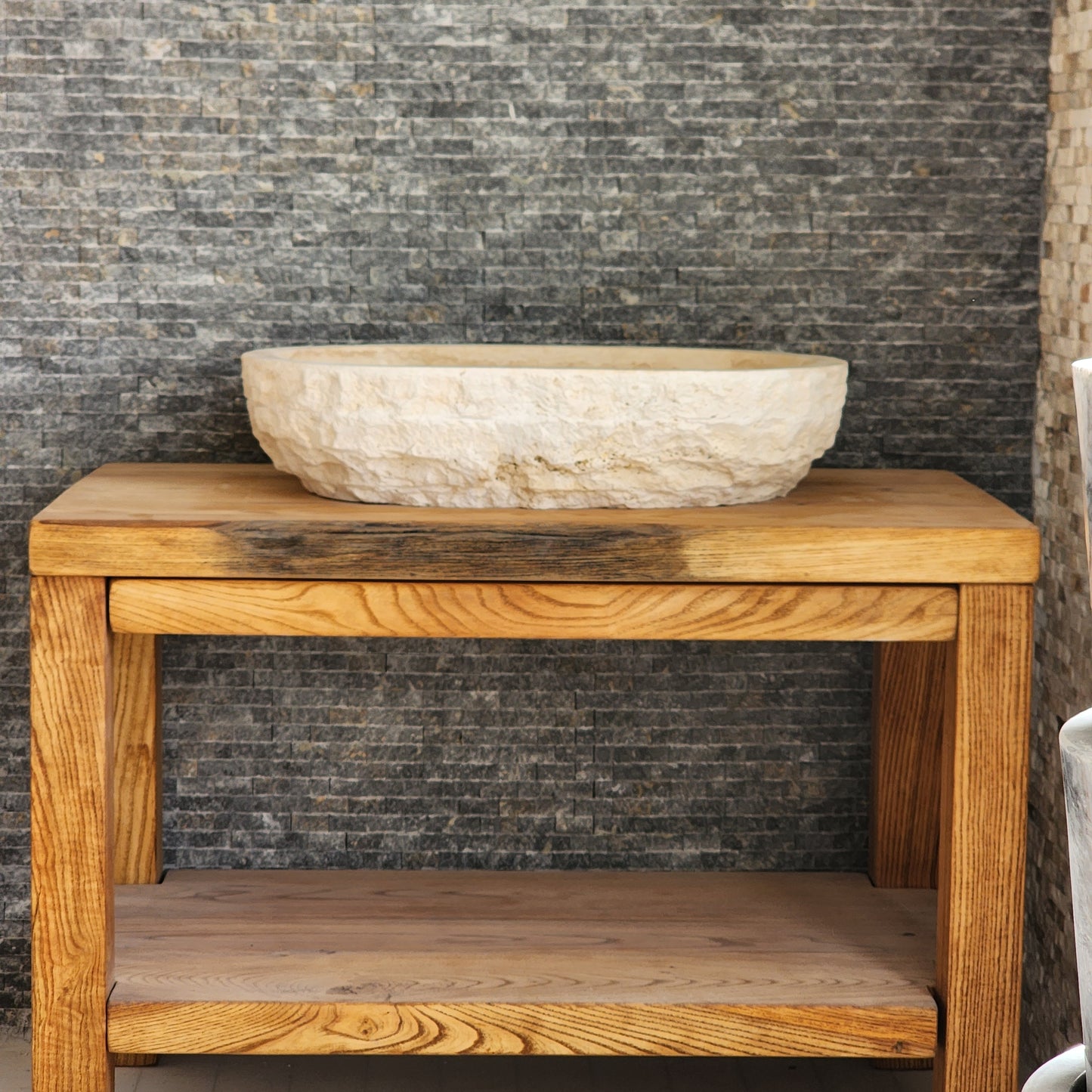 Solid Travertine Oval Vessel Sink - Hand-Chiseled Raw Exterior Basin