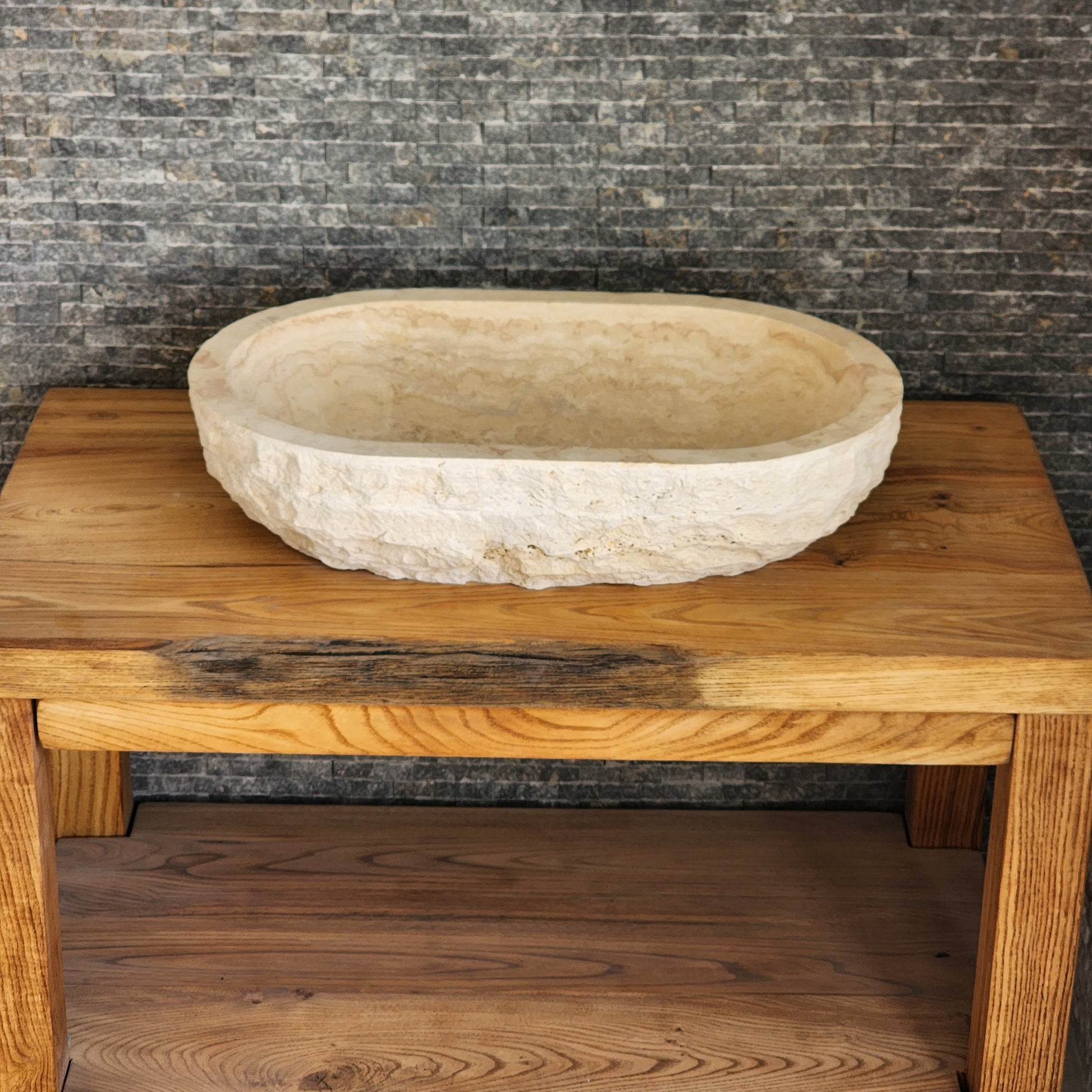 Solid Travertine Oval Vessel Sink - Hand-Chiseled Raw Exterior Basin