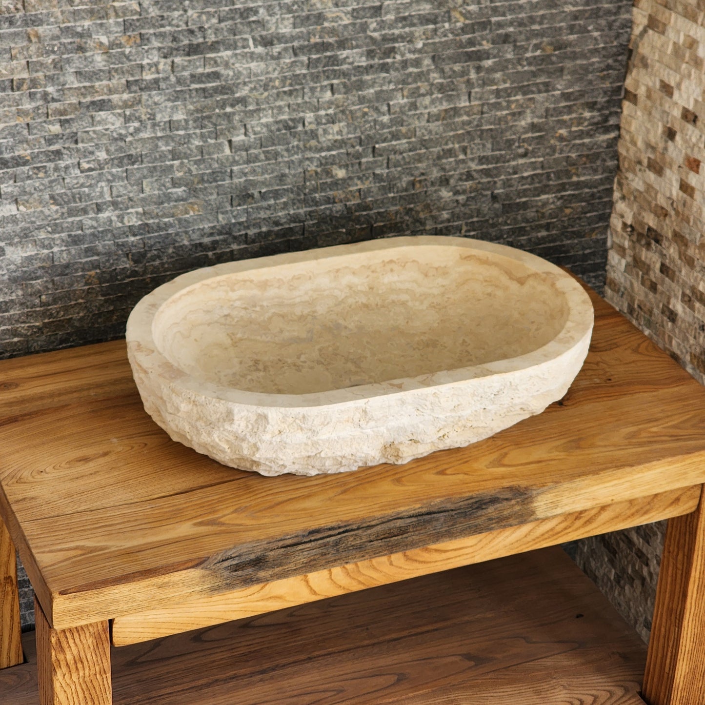 Solid Travertine Oval Vessel Sink - Hand-Chiseled Raw Exterior Basin