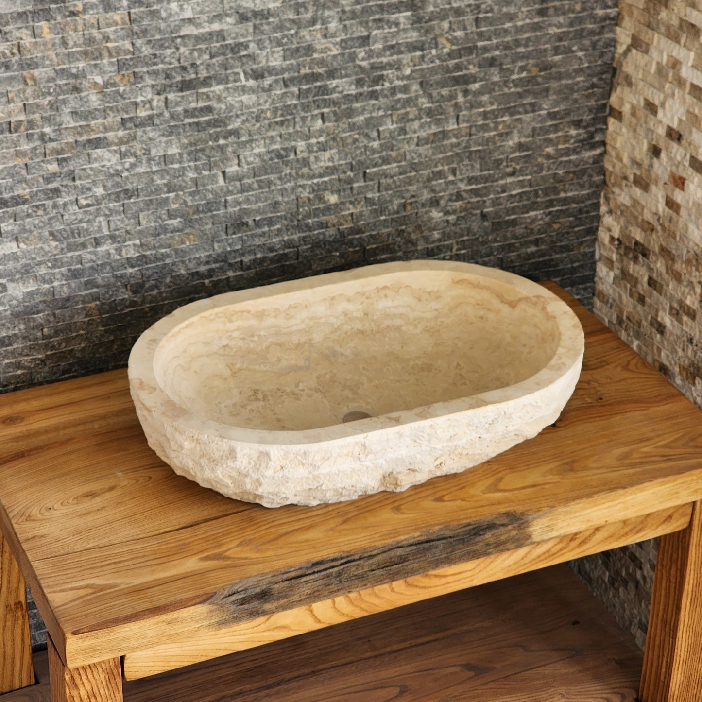 Solid Travertine Oval Vessel Sink - Hand-Chiseled Raw Exterior Basin