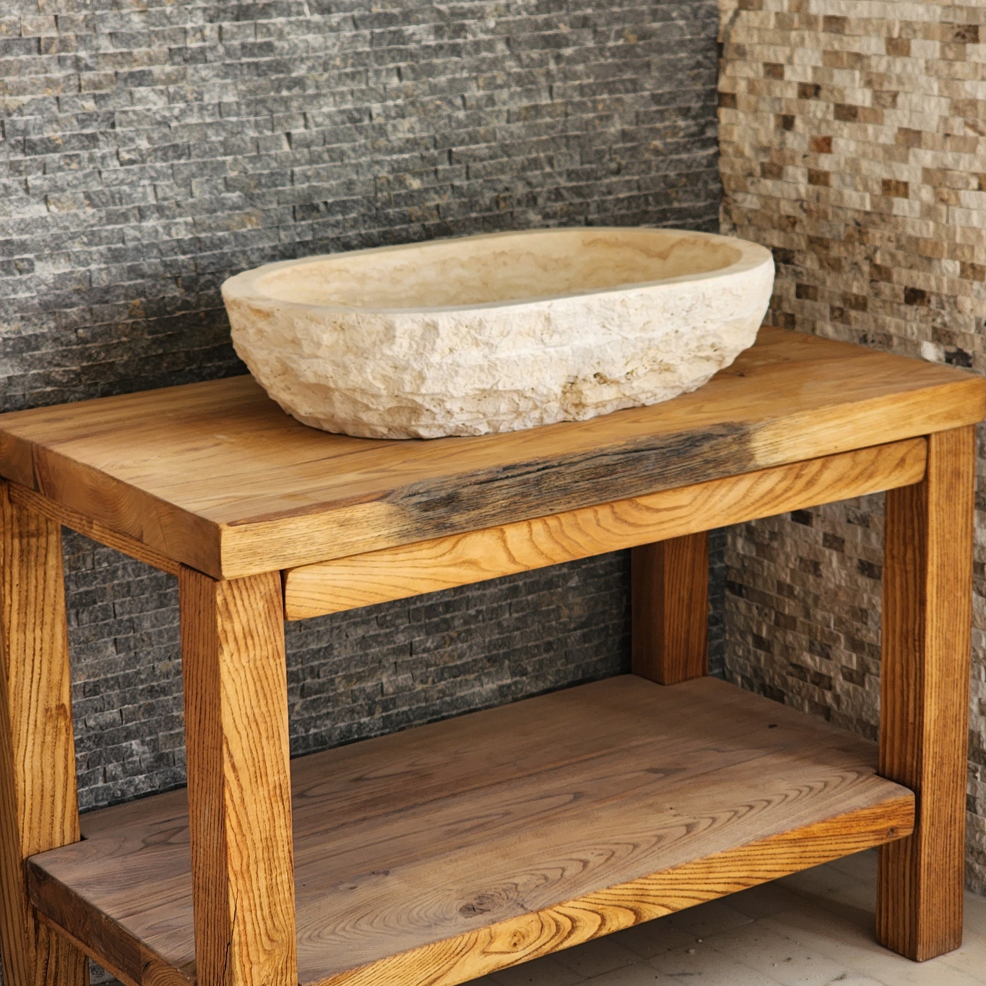 Solid Travertine Oval Vessel Sink - Hand-Chiseled Raw Exterior Basin
