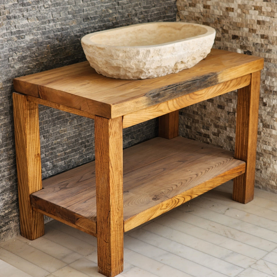 Solid Travertine Oval Vessel Sink - Hand-Chiseled Raw Exterior Basin